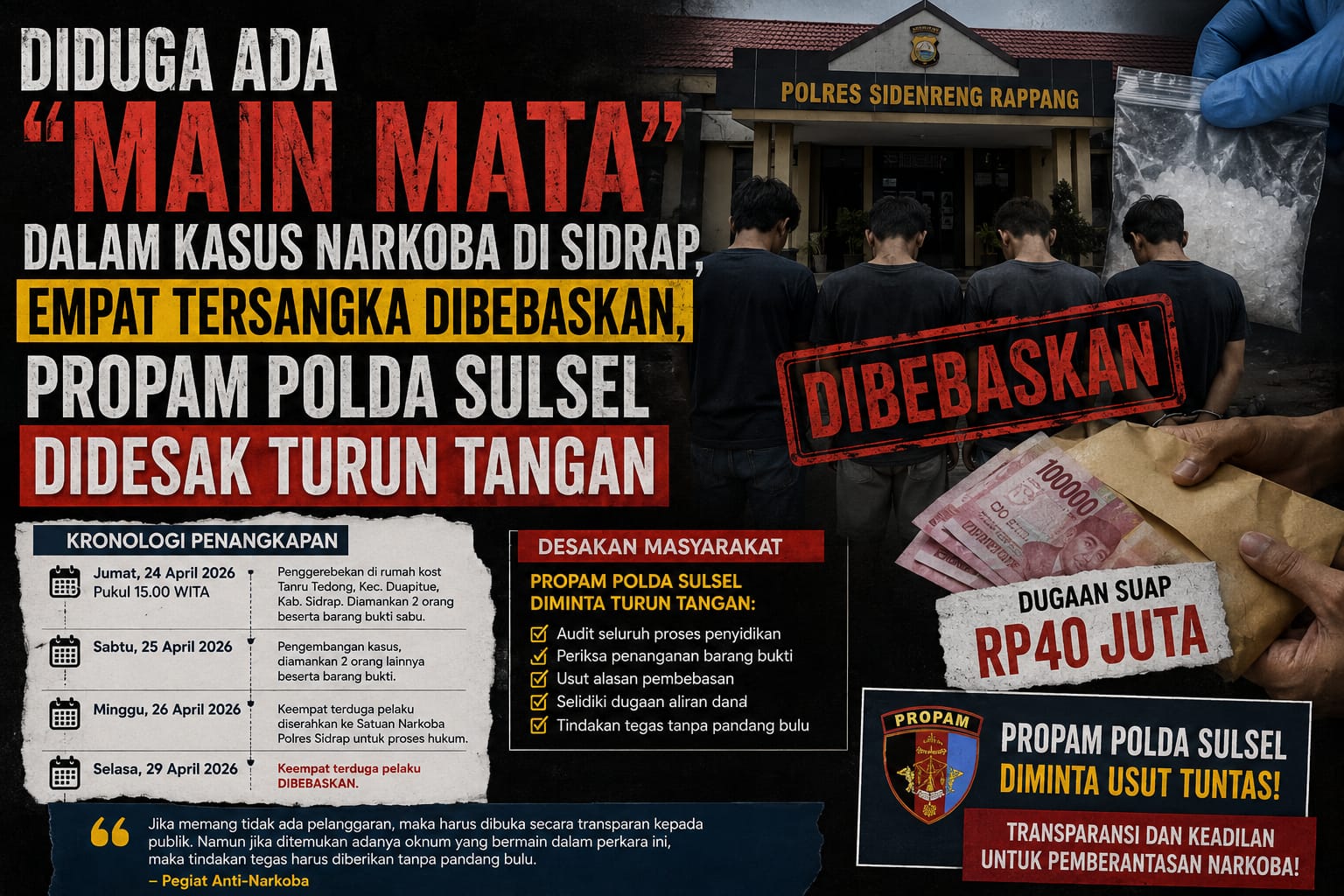 Diduga Ada “Main Mata” dalam Kasus Narkoba di Sidrap, Empat Tersangka Dibebaskan, Propam Polda Sulsel Didesak Turun Tangan