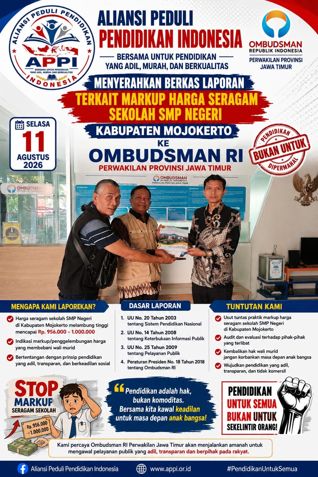 Aliansi Peduli Pendidikan Indonesia Serahkan Berkas Laporan Dugaan Mark-Up Harga Seragam SMP Negeri Mojokerto ke Ombudsman Jatim