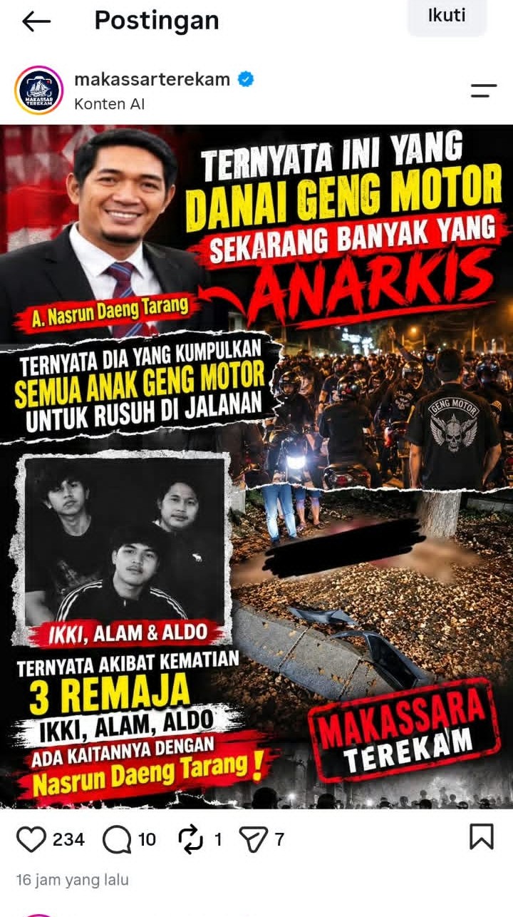 Akun IG “Makassar Terekam” Resmi Dilaporkan Karna Membuat Peta Komflik Dengan Memposting Tuduhan A Nasrun Dg Tarang Danai Geng Motor