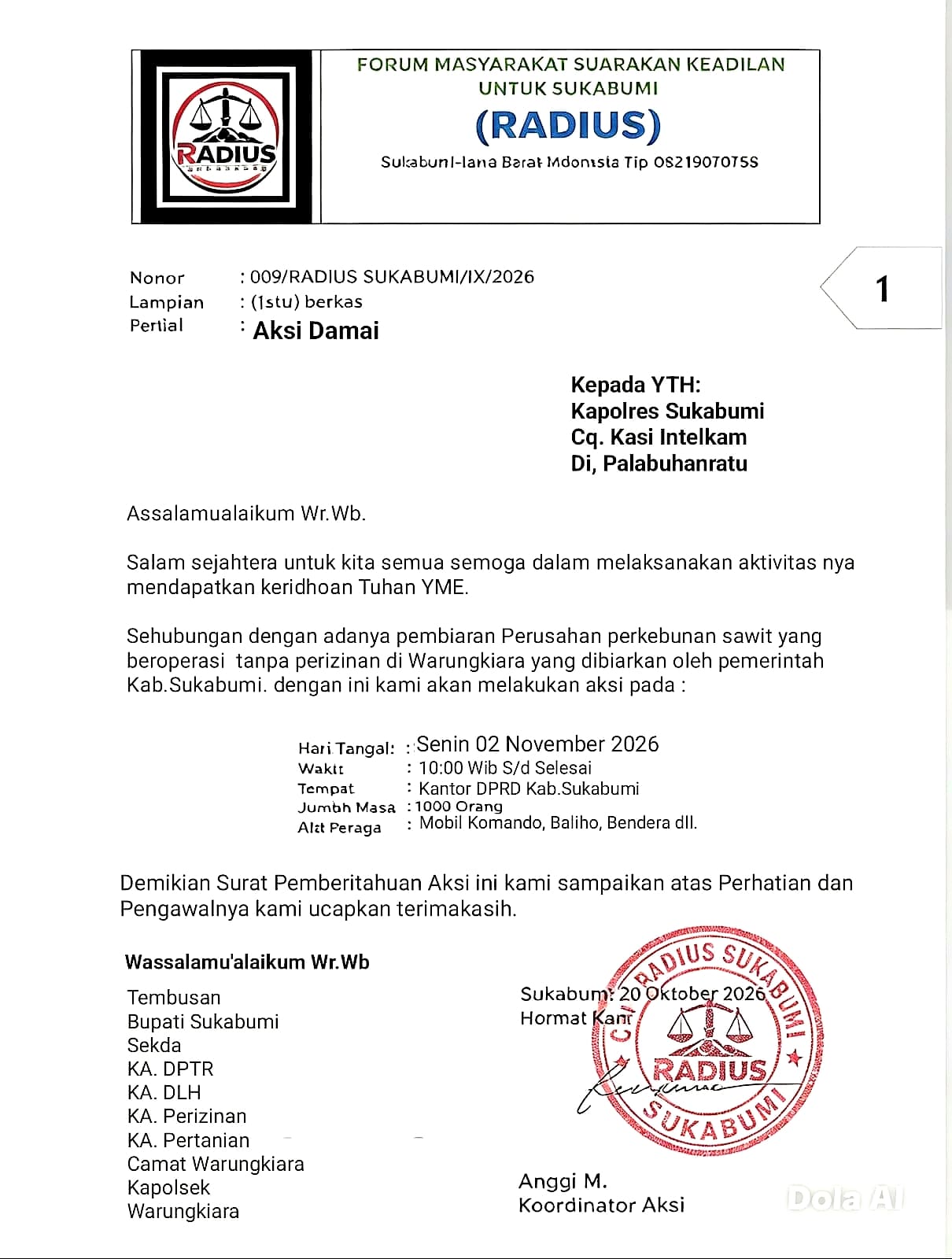 Radius Layangkan Aksi Damai Ke Gedung DPRD Kabupaten Sukabumi, Sorot Dugaan Perkebunan Sawit Beroperasi Tanpa Izin 
